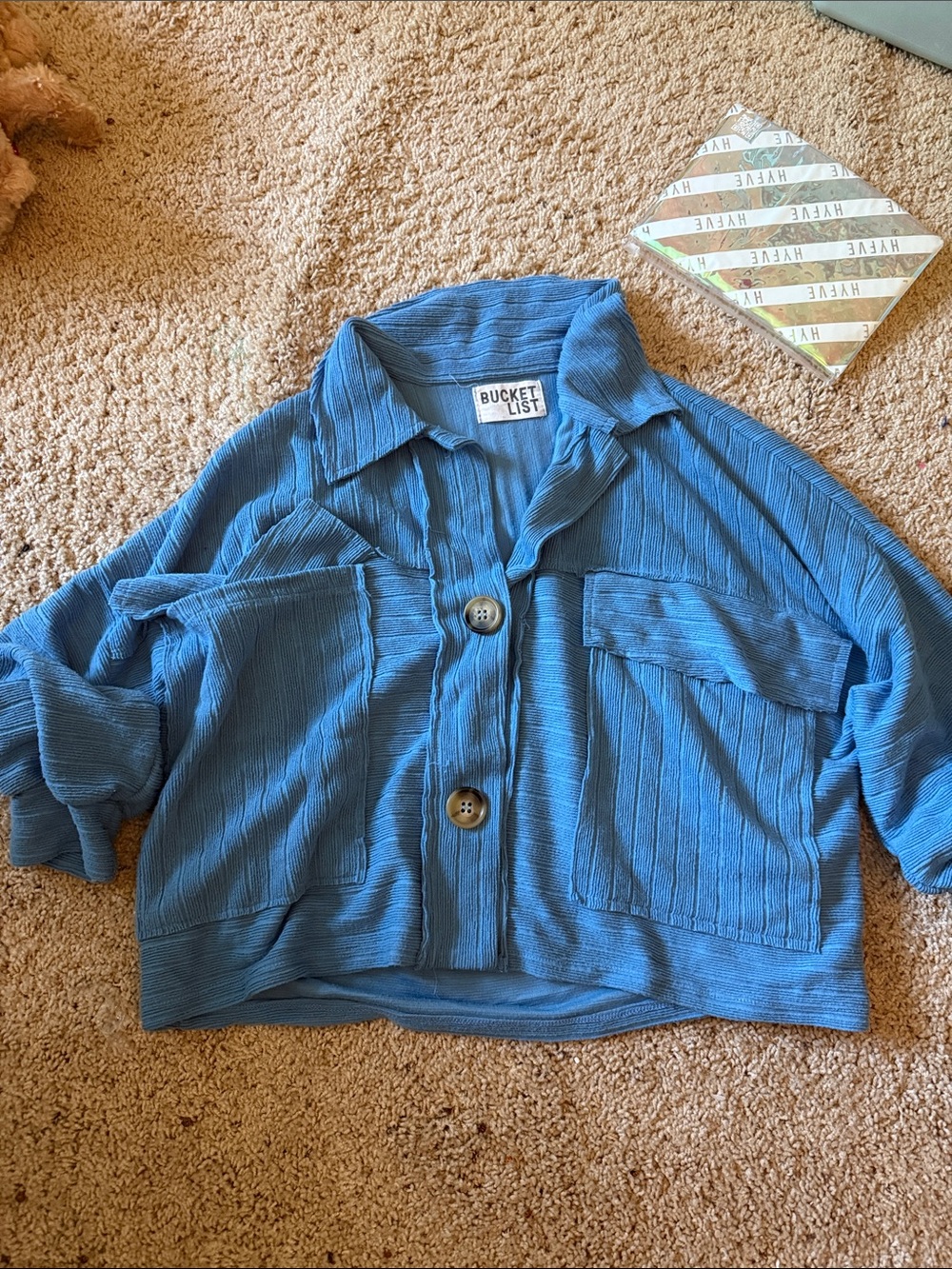 Bucket List Blue Ribbed Button-Up Cropped Shirt